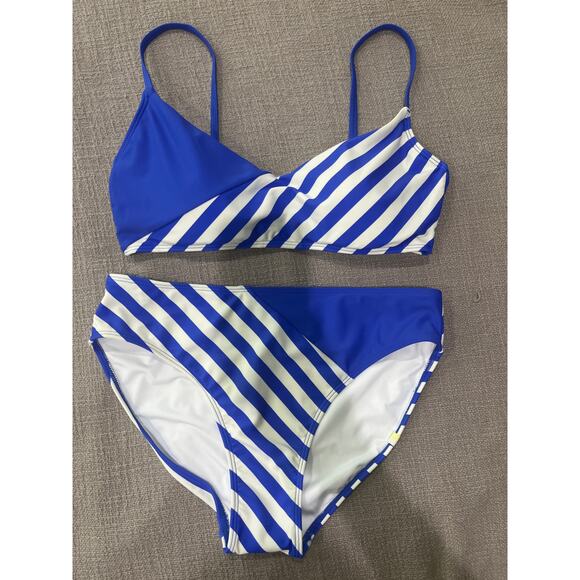 Summersalt 2pc Marina Bikini Blue & White Top W/ Diagonal Mid Rise Bottoms Sz 6 - Picture 3 of 10
